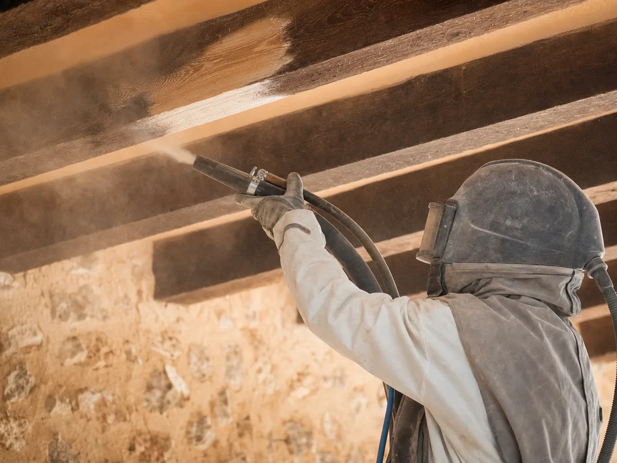 Chorro de arena para vigas de madera — guía de Projectes Sastre, Mallorca