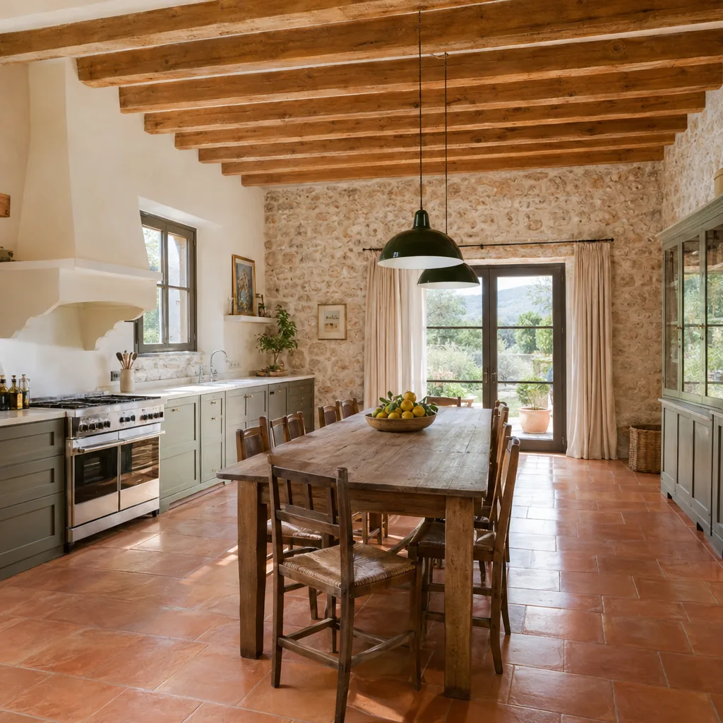 Cocina de una finca mallorquina con suelo de barro cocido tratado con aceite de linaza
