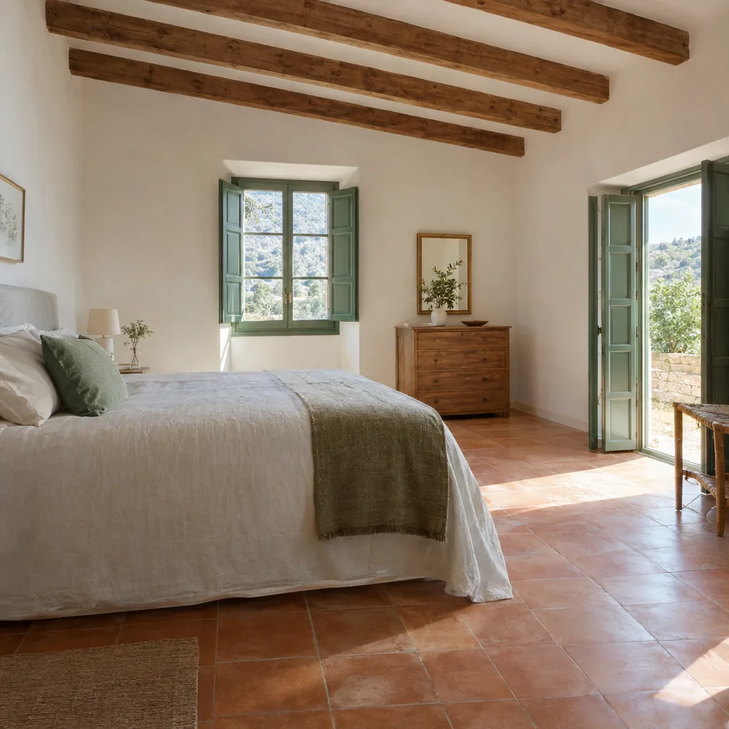 Dormitorio de una casa de pueblo de Mallorca con suelo de barro cocido