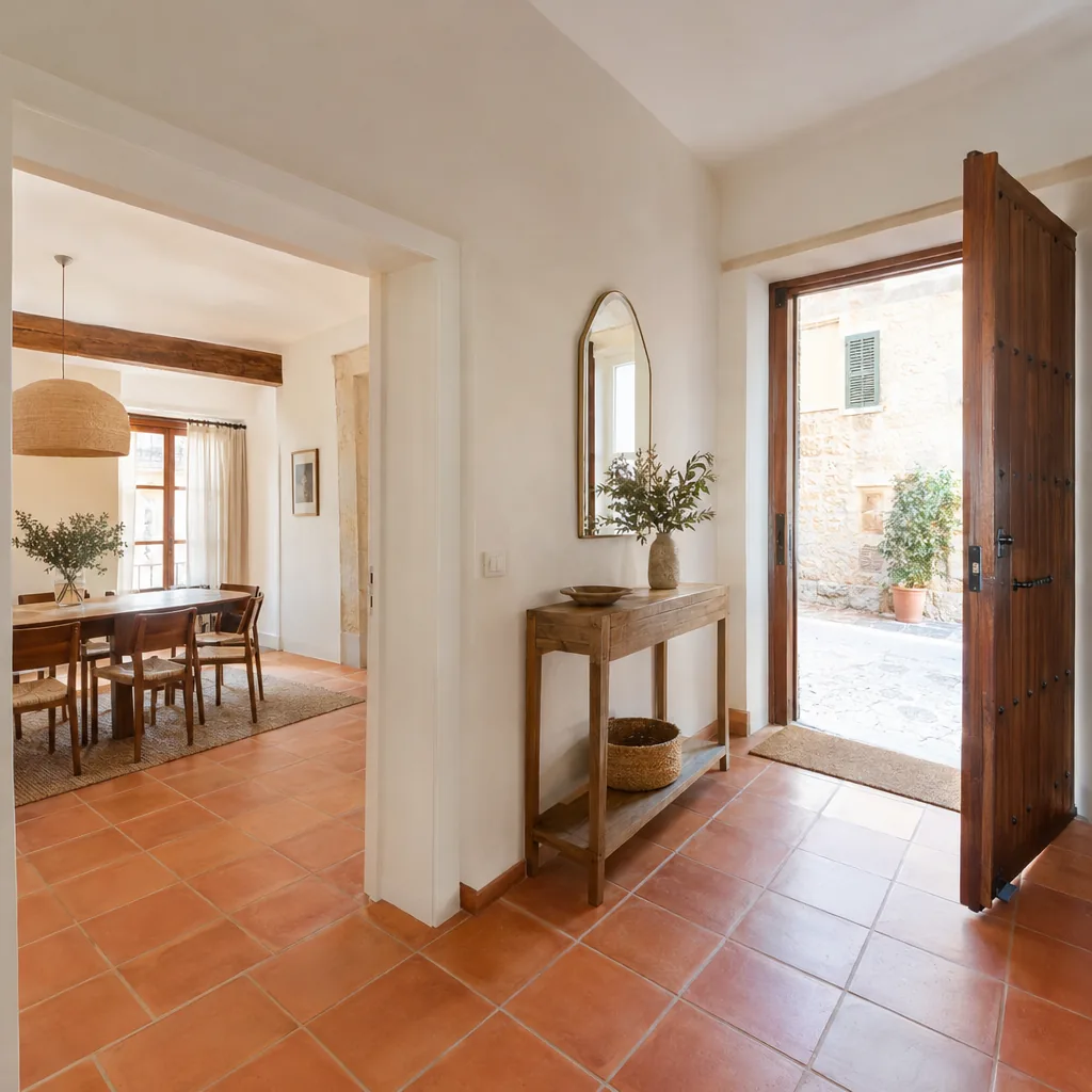 Entrada de una casa de pueblo con suelo de barro cocido hasta el comedor