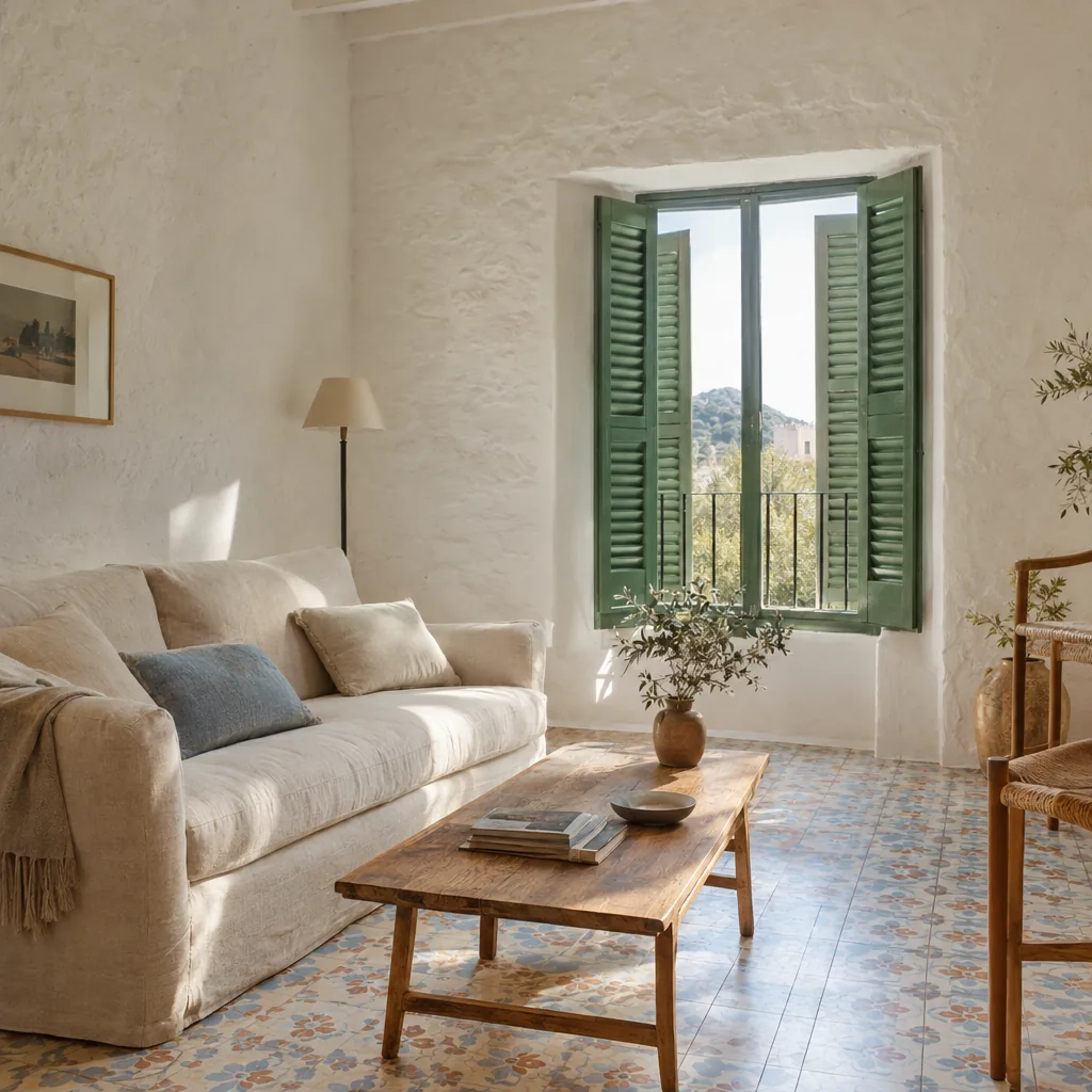 Salón de una casa de pueblo de Mallorca con suelo hidráulico y persianas verdes